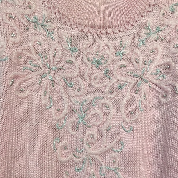 VTG Jaclyn Smith PINK SWEATER EMB SILVER & MOCK CREW TURTLENECK EMB EUC - Picture 5 of 9